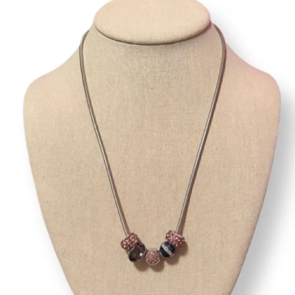NWOT Pink Purple Heart Crystal Silver Tone Charm Necklace
